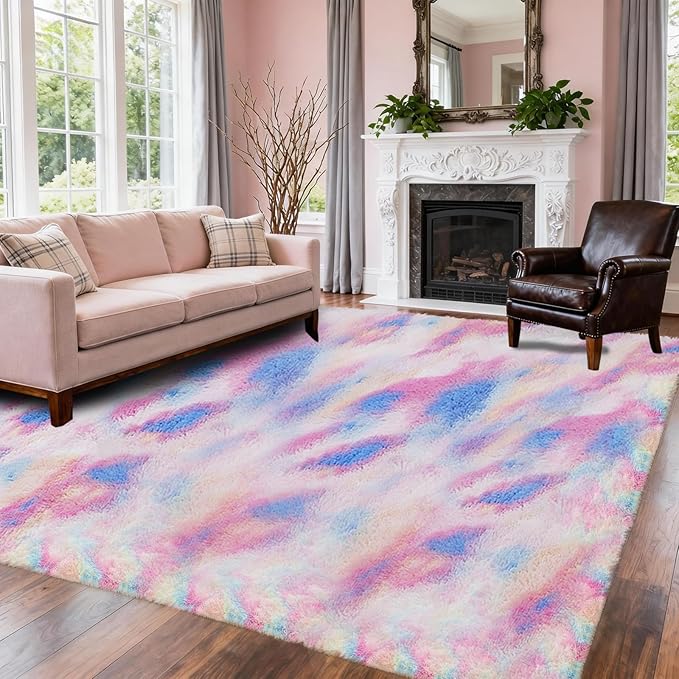 Rainbow Fluffy 4x6 Area Rugs for Bedoom Girls, Soft Fuzzy Furry Shag Rug for Kids Room, Kawaii Princess Plush Shaggy Bedside Rug, Cute Colorful Living Room Decor for Nursery Baby, Upgrade Anti-Skid