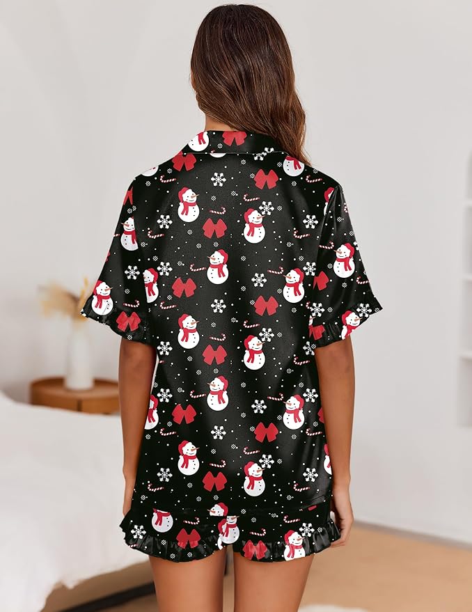 Ekouaer Satin Pajama Set for Women Button Down Silk 2 Piece Pj Sets Ruffle Short Sleeve Sleepwear