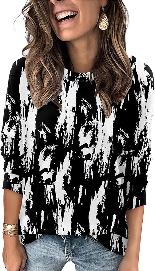 Magritta Women's Long Sleeve Leopard Color Block Tunic Comfy Crewneck T Shirt Tops Black XL