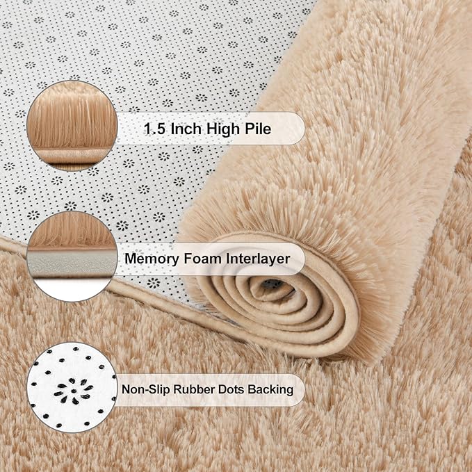 Jelymark Super Soft Shaggy Rug for Bedroom, 2x6 Feet Fluffy Carpet for Living Room, Fuzzy Indoor Plush Area Rug for Home Decor, Furry Floor Rugs for Dorm, Kids Nursery Rug for Girls, Beige