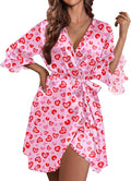 Ekouaer Women's Satin Robe Valentines Lingerie for Women Kimono Bathrobe Short Ruffle Belted Robes Bridesmaids Sleepwear