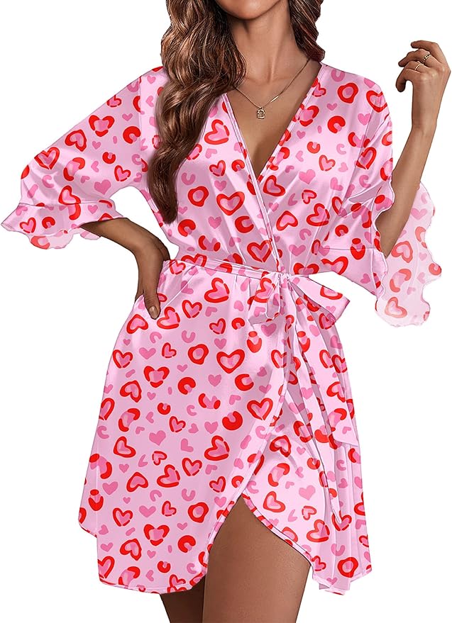Ekouaer Women's Satin Robe Valentines Lingerie for Women Kimono Bathrobe Short Ruffle Belted Robes Bridesmaids Sleepwear