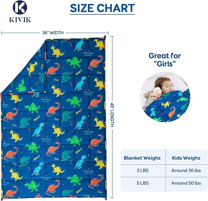 Kivik Weighted Blanket 3lbs, Blue Dinosaur Weighted Blankets, Cute Small Weighted Blankets 3 Pounds, Washable Soft Heavy Blanket Throw for All-Season, 36x48 Inches Blue