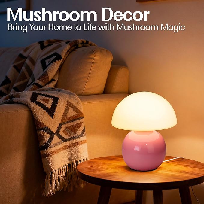 ULAROOM Small Mushroom Lamp,USB-Plug in Bedside Table Lamps with 3-Temperature LED Bulb Dimmable,Unique Cute Aesthetic Home Decor for Living Room,Bedroom, Modern Ceramic Base Glass Lamp(Pink)