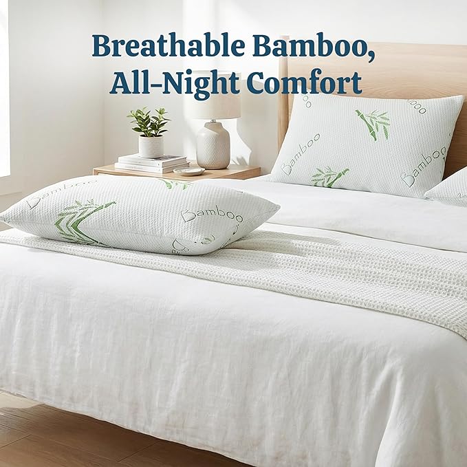 OMEO 2 Pack Queen Size Rayon Derived from Bamboo Pillow for Sleeping Shredded Memory Foam Bed Pillows for Side, Back and Stomach Sleepers, Soft, Cooling, Adjustable and Washable Cover 20" x 30"