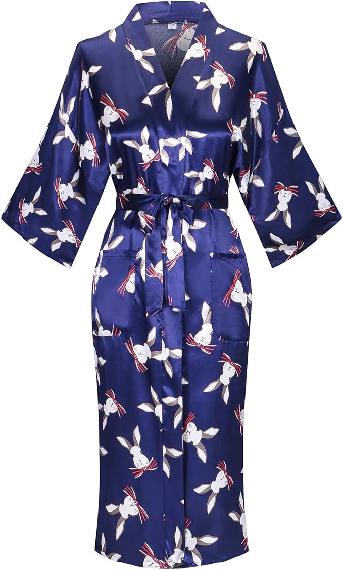 Valennia Women Long Silky Bathrobe Satin Kimono Robe Floral Printed Dressing Gown Sleepwear