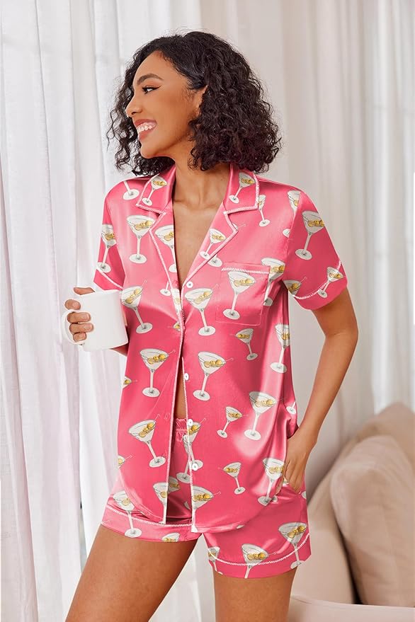 Ekouaer Womens Satin Silk Pajamas Set Short Sleeve Sleepwear Button Down Top and Shorts Loungewear 2 Piece Pjs Set S-XXL