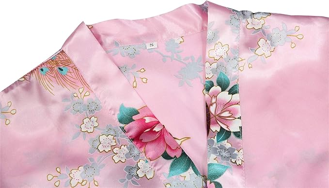 Valennia Women Long Silky Bathrobe Satin Kimono Robe Floral Printed Dressing Gown Sleepwear