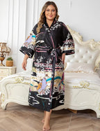 Women's Floral Long Satin Robes Plus Size Long Silk Robes Peacock Floral Kimonos Sleepwear Dressing Gown