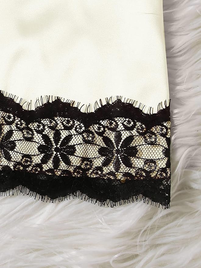 WDIRARA Women' Silk Satin Pajamas Set 4pcs Lingerie Floral Lace Cami Sleepwear with Robe