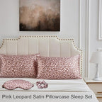 Satin Pillowcase for Hair and Skin, Super Soft Vegan Silk Sleep Set-2 Satin Pillow Cases Standard Size, 1 Eye Mask, 1 Scrunchie, Self Care Essential Satin Night Routine Kit, Pink Leopard