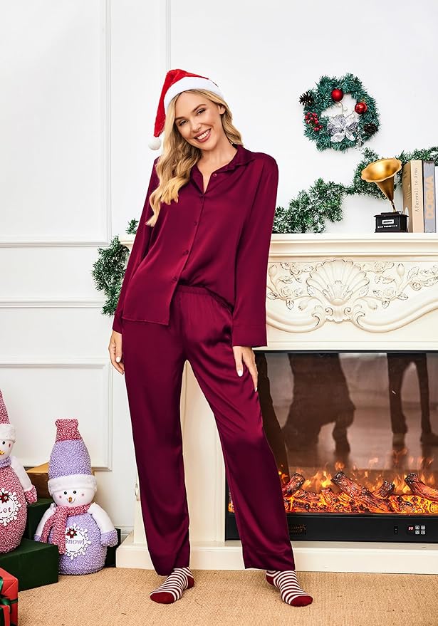 Ekouaer Women Satin Silk Pajamas Classic Long Sleeve Button Down Pjs Set Soft Loungewear