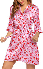 Ekouaer Women's Satin Robe Valentines Lingerie for Women Kimono Bathrobe Short Ruffle Belted Robes Bridesmaids Sleepwear