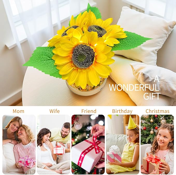 Flower Lamp with USB Charge,3-Colour Infinitely Dimmable Artificial Sunflower LED Table Lamp,Rechargeable Cordless Touch Small Night Light,Gift Ideas for Mothers Day,Xmas,Birthday (Sunflowers02)