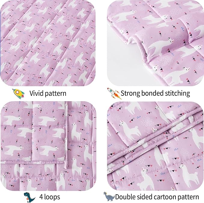 HOSUKKO Weighted Blanket, Microfiber 7 lbs, Purple Alpaca Design for Kids, 41 x 60 inches, Breathable, Glass Beads, Machine Washable, All Seasons, 7lbs