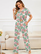SWOMOG Women Satin Pajamas Set Short Sleeve Top & Pants Sleepwear Silky Button Down Nightwear 2pcs Loungewear Pjs Set