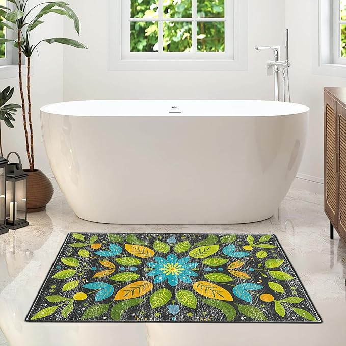 Area Rug 2x3 ft Rug Washable Boho Rugs Non Slip Low Pile Floral Small Carpet for Bedroom, Bedside, Kids Room, Office, Dining Room (Green Leaf, 2x3 ft)