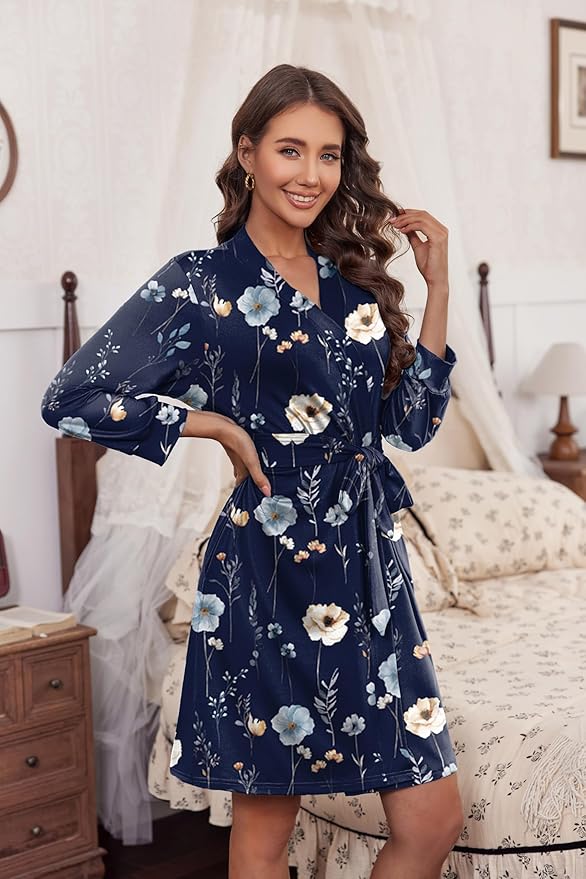 Ekouaer Women‘s Robes Lightweight 3/4 Sleeve Short Knit Bathrobe Soft Knee Length Sleepwear Robes with Pockets S-XXL