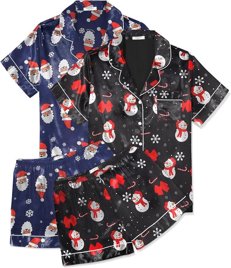 Ekouaer 2 Pack Pajama Sets for Women Silk Satin Pj Short Sleeve Button Down Sleepwear Top and Shorts Summer Lounge Set S-XXL