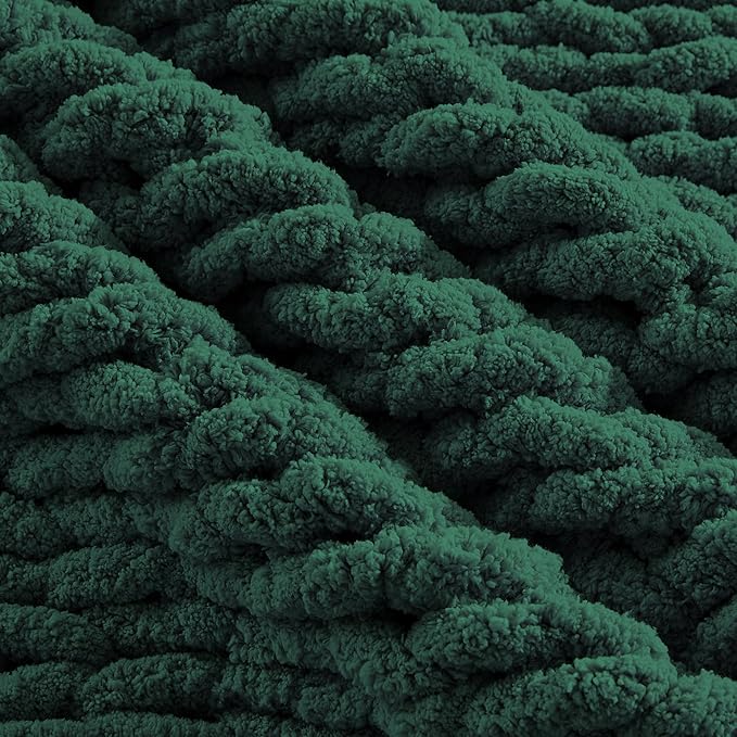 Carriediosa Chunky Knit Throw Blanket 60" X 80" Twin, 100% Hand Made Large Chenille Loop Yarn Soft Fluffy Throws for Couch Sofa Bed, Big Crochet Cozy Heavy Thick Cable Woven Blankets, Dark Green