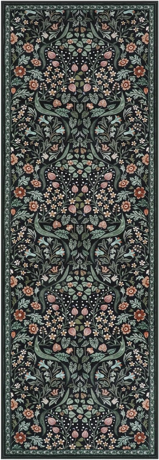 Lahome Claude Floral Kitchen Runner, 2x6 Black Washable Runner Rug Non Slip, Soft Low Pile Stain Resistant Bathroom Laundry Floor Carpet, Boho Thin Long Carpet for Entryway