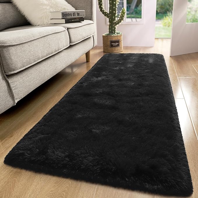 Macgace Fluffy Runner Rug, 2x6 Black Washable Hallway Area Rugs for Bedroom Living Room Kitchen Laundry, Long Shag Rug with Non Slip Rubber Backing Fuzzy Entryway Carpet Modern Home Decor
