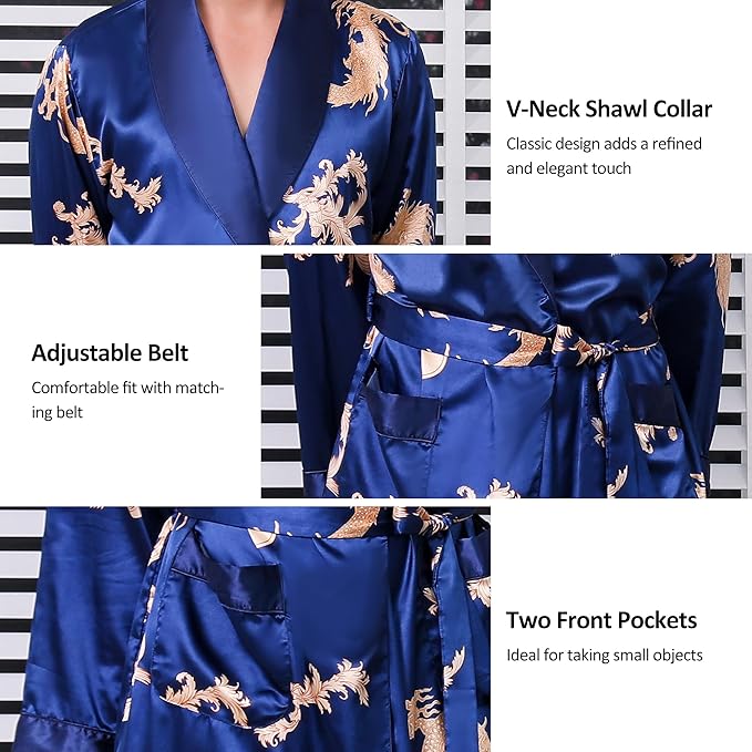 Haseil Men's Satin Robe Dragon Luxurious Silk Spa Long Sleeve House Kimono Bathrobe