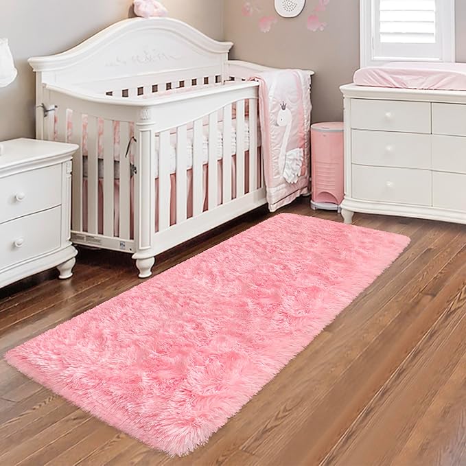 Pink Runner Rug for Bedroom 2x6 Fluffy Shaggy Area Rug for Living Room Soft Plush Fuzzy Rug Bedside Runners for Hallway Princess Girls Baby Nursery Room Modern Indoor Decor Carpet