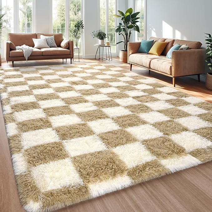 Beige and White Area Rugs, 5x7 Large Fluffy Rugs for Bedroom Living Room, Soft Shaggy Modern Indoor Carpets, Cute Plush Rugs for Kids Girls Room Nursery, High Pile Throw Rug for Home Decor