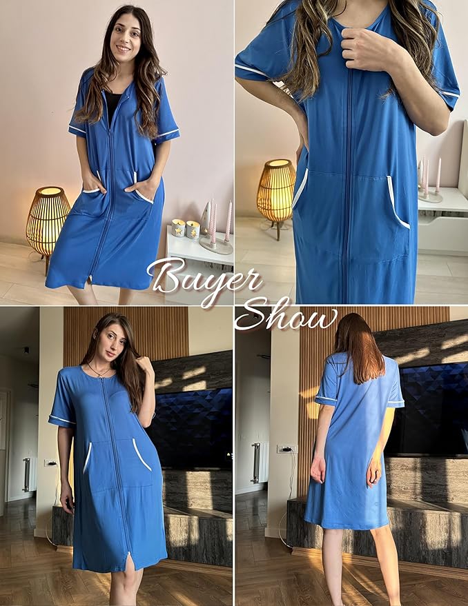 Ekouaer Women Zipper Robe Short Sleeve Duster Housecoat Short Bathrobes Zip Front Nightgown with Pockets S-3XL