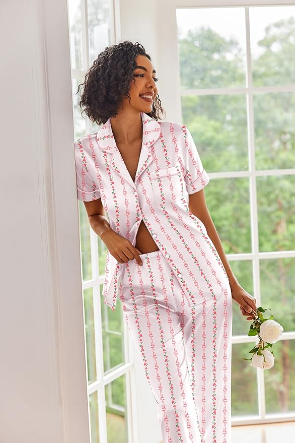 Ekouaer Silk Satin Pajamas Set Women Short Sleeve Sleepwear Soft Button Down Loungewear Pjs Set
