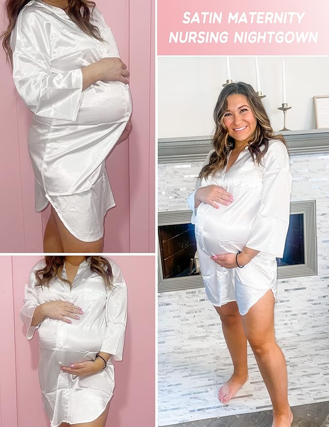 Ekouaer Satin Nightgowns for Women Silk Sleepwear Button Down Sleepshirt 3/4 Sleeve V-Neck Nightshirts with Pockets