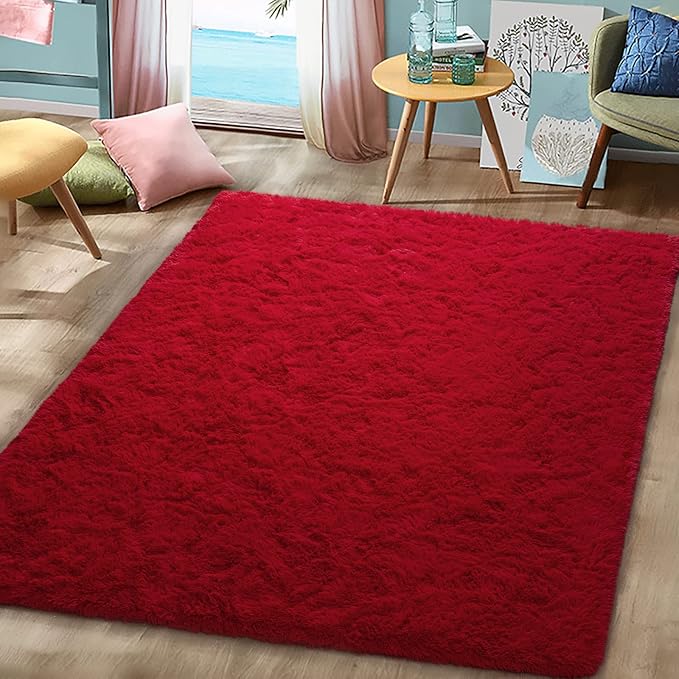 DETUM Red Rug 4x6 Feet - Fluffy Red Area Rugs for Bedroom Shaggy 4' X 6' Living Room Rug Soft Rugs for Kids Room Non-Slip Nursery Office Dorm Washable Carpets Home Decor