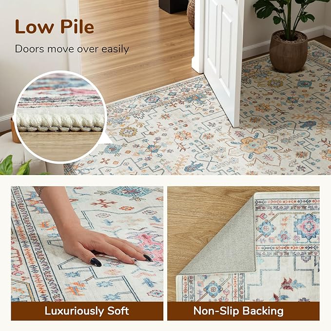 Lessymo Living Room Rug 5x7, Washable Area Rug for Bedroom Dinning Nursery Room Office, Boho Faux Wool Soft Non-Slip Carpet Pets Friendly, Vintage Floral Colorful Pastel Decor, Multi/Ivory