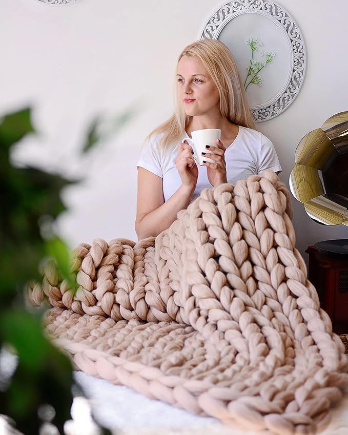 Throw Blanket Full Size 54"x75" for Bed - Chunky Knit Blanket, Boho Throw Blanket for Couch 100% Merino Wool (Dark Beige, 54"x75")