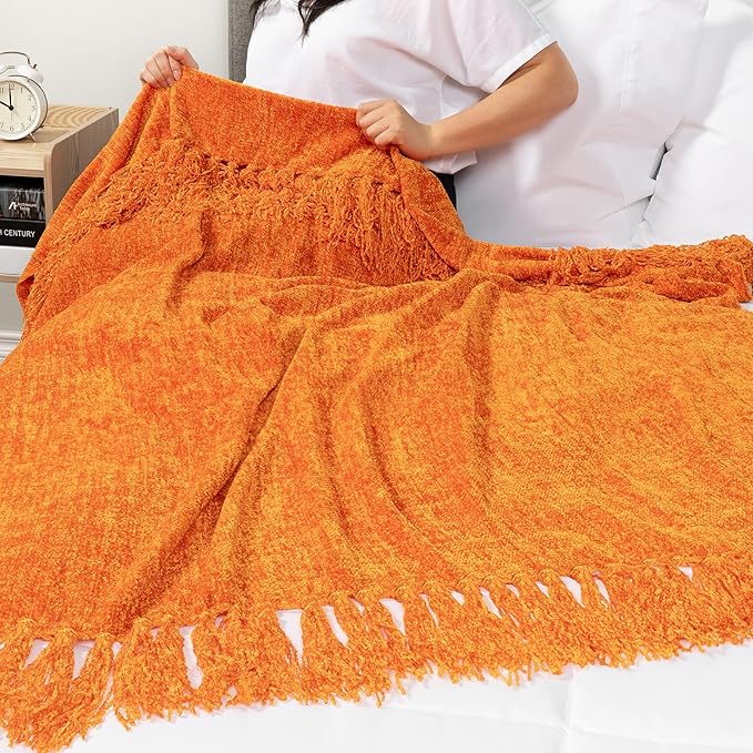 Pavilia Orange Knit Woven Blanket with Tassel, Decorative Textured Blanket for Living Room, Twin Size 60x80