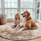 ONASAR Tie-Dye Beige Round Area Rugs 5ft, Soft Bedroom Circle Rug Floor Mats for Kids Girls Teen Room, Kawaii Fluffy Plush Shaggy Carpet for Baby Nursery Living Room Playroom Home Decor