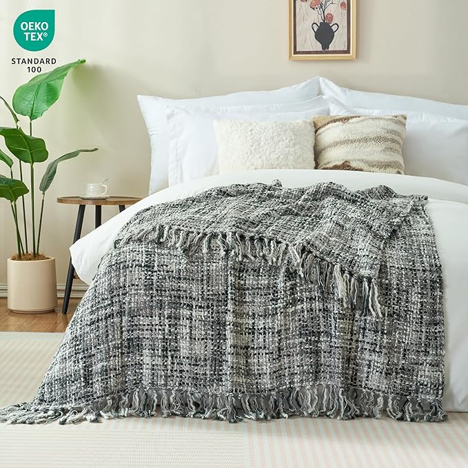 Multi-Color Grey Cable Woven Throw Blanket for Couch,60"X80" Boho Style Textured Blankets for Home Decor,Super Soft Warm Cozy Chunky Blanket with Decorative Tassels for Bed and Sofa