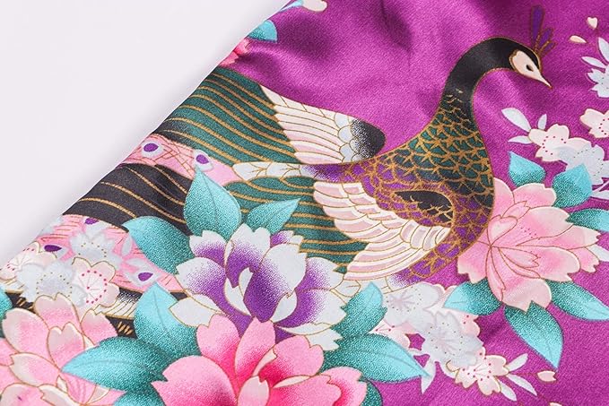 Women's Short Kimono Robes Bride and Bridesmaid Satin Floral Bathrobe Peacock Sleepwear Dressing Gown for Wedding Party
