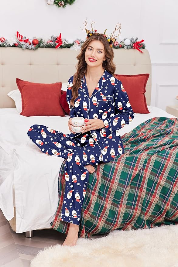Ekouaer Women's Classic Button Down Long Satin Silk Pajama Set