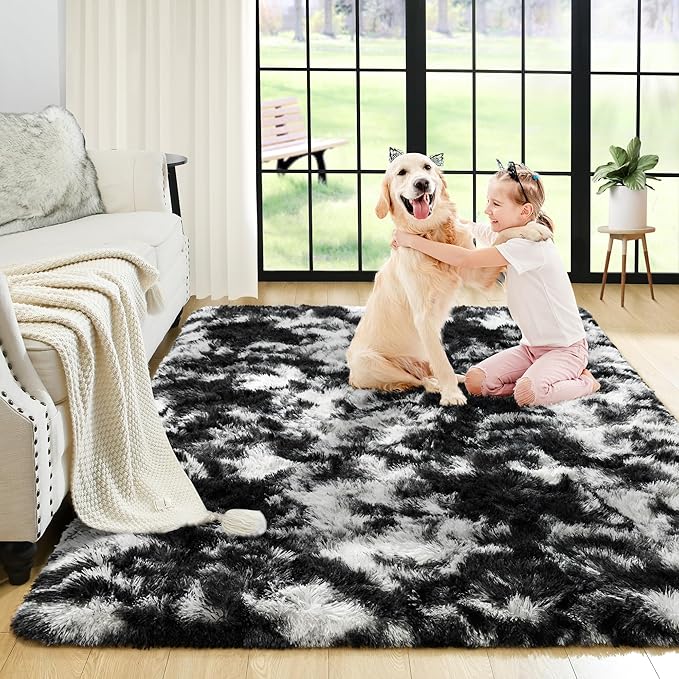 Noahas Fluffy Bedroom Rug,3x5 Feet Plush Fuzzy Tie-Dyed Black and White Area Rugs for Living Room, Non Slip Thick Soft Shaggy Nursery Furry Floor Dorm Kids Carpet