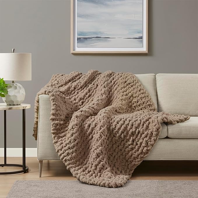 Madison Park Chenille Chunky Knit Handmade Throw Blanket, Luxuriously Soft Gift Blankets, Cottage Style Room Décor, Lightweight & Breathable All Seasons Throw Blanket for Couch, 50" W x 60" L Brown