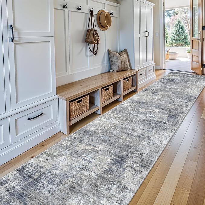 3x15 Ft Long Hallway Runner Rug – Non-Slip Washable Wide Kitchen Runner | Modern Abstract Floor Carpet for Indoor Entryway, Bedroom, Living Room (Blue Grey,3x15)