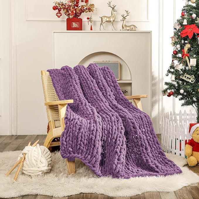 WESHIONGOO Chunky Knit Blanket Throw Knitted Throw Blankets for Couch Bed Fluffy Soft Blanket with Jumbo Chenille Yarn Thick 100% Handmade (Purple, 51"×63")