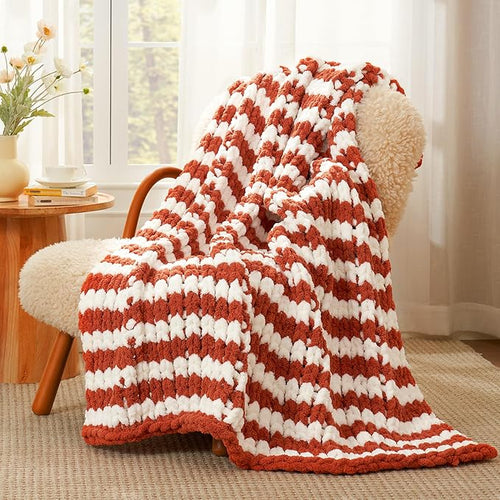 Amélie Home Chunky Knit Throw Blanket for Couch, Soft Chenille Handmade Crochet Throw Rope Knot Blanket for Couch, 50"x60", Burnt Orange & White Striped