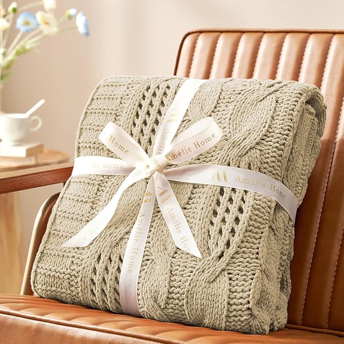 Amélie Home Chunky Knit Throw Blanket, Dual-Sided Soft Chenille Breathable Cable Knitted Blanket for Couch, Farmhouse Decorative Throw for Sofa & Chair, 60"x80", Beige