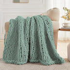 Carriediosa Chunky Knit Throw Blanket 50" X 60", 100% Hand Made Large Chenille Loop Yarn Soft Fluffy Throws for Couch Sofa Bed, Big Crochet Cozy Heavy Thick Cable Woven Blanket, Sage Green