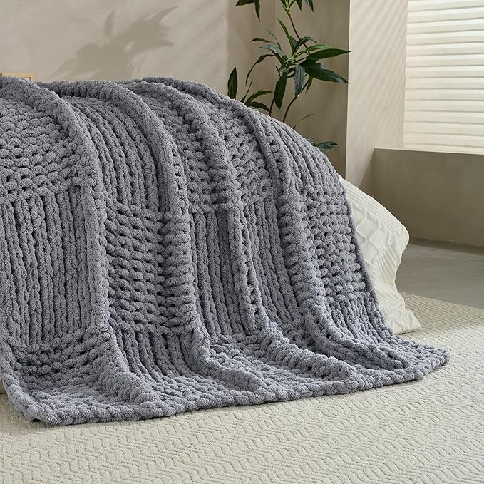 Chunky Knit Blanket Throw 50x60 Inches,Handmade Cable Knit Crochet Blanket,Cozy Lightweight All Season,Wrinkle-Resistant Polyester for Couch Bed Sofa Reading Nook,Grey