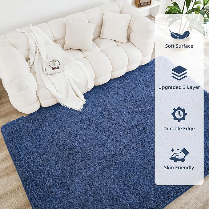 Litanika 4x6 Shag Area Rug for Living Room Bedroom, Dark Blue High Pile Ultra Soft Plush Shaggy Furry Bedside Playroom Dorm Carpet, Non-Slip, Non-Shedding Modern Indoor Floor Rug