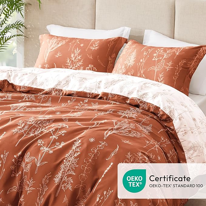 Love's cabin Terracotta Comforter Set King - King Size Comforter Set, 3 Pieces Cute Floral Bedding Sets for All Seasons,1 Soft Reversible Botanical Flowers Comforter and 2 Pillow Shams